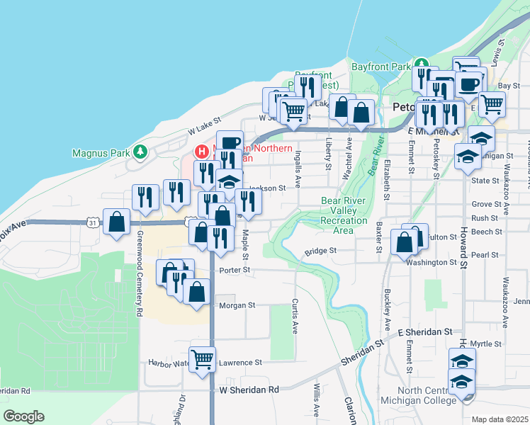 map of restaurants, bars, coffee shops, grocery stores, and more near 510 Charlevoix Ave in Petoskey