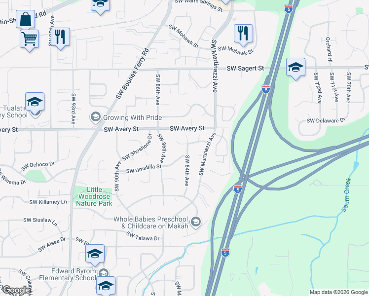 map of restaurants, bars, coffee shops, grocery stores, and more near 20653 Southwest 84th Avenue in Tualatin