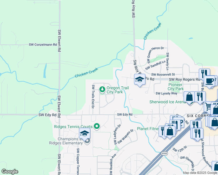 map of restaurants, bars, coffee shops, grocery stores, and more near 17665 Southwest Nels Drive in Sherwood