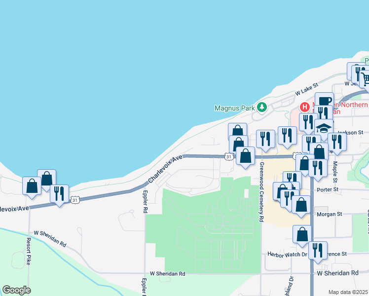 map of restaurants, bars, coffee shops, grocery stores, and more near 1200 Charlevoix Ave in Petoskey