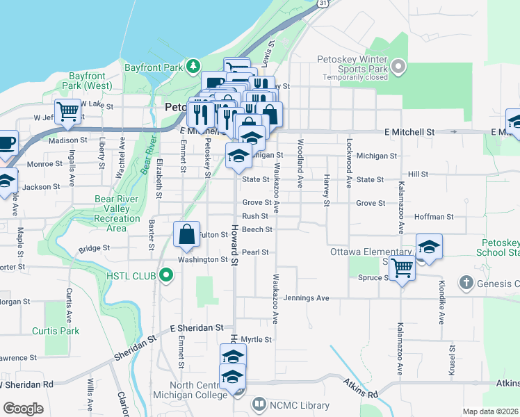 map of restaurants, bars, coffee shops, grocery stores, and more near 430 Grove Street in Petoskey
