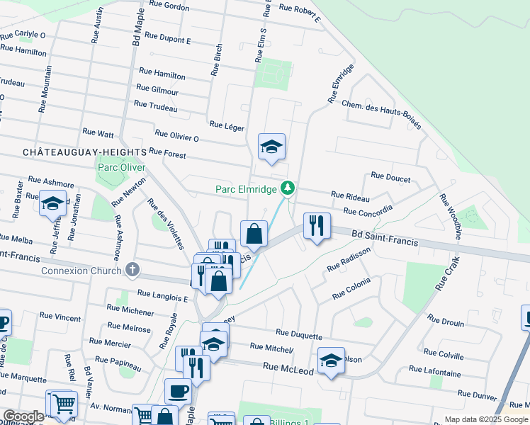 map of restaurants, bars, coffee shops, grocery stores, and more near 16 Rue Jean François Chevrette in Châteauguay