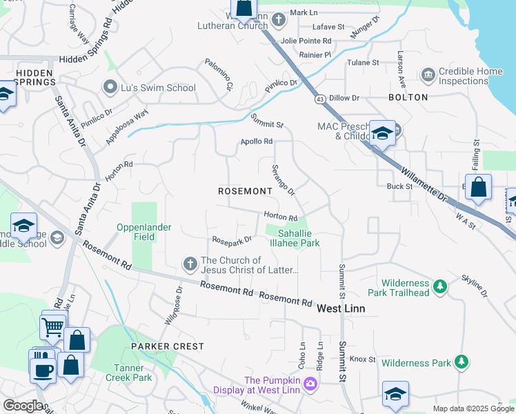 map of restaurants, bars, coffee shops, grocery stores, and more near 4055 Horton Road in West Linn