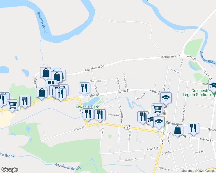 map of restaurants, bars, coffee shops, grocery stores, and more near 15 George Street in Truro
