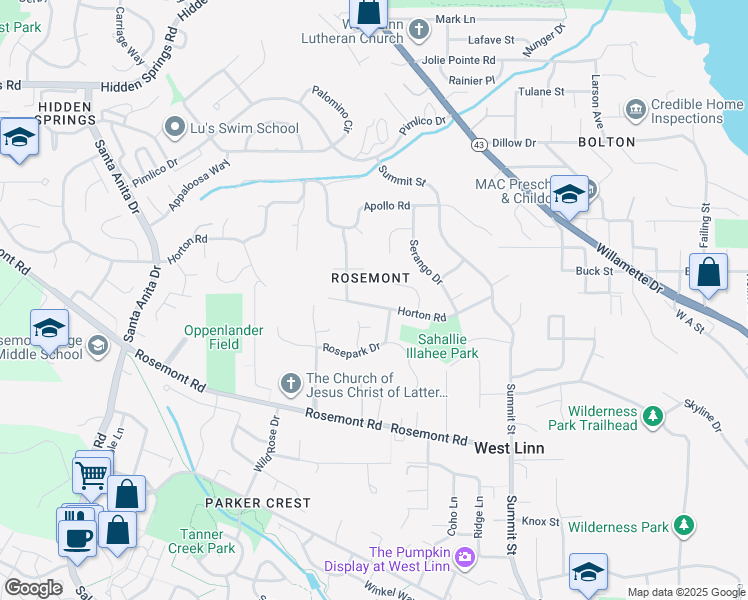 map of restaurants, bars, coffee shops, grocery stores, and more near 4055 Horton Road in West Linn