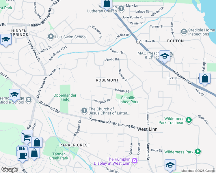 map of restaurants, bars, coffee shops, grocery stores, and more near 4055 Horton Road in West Linn