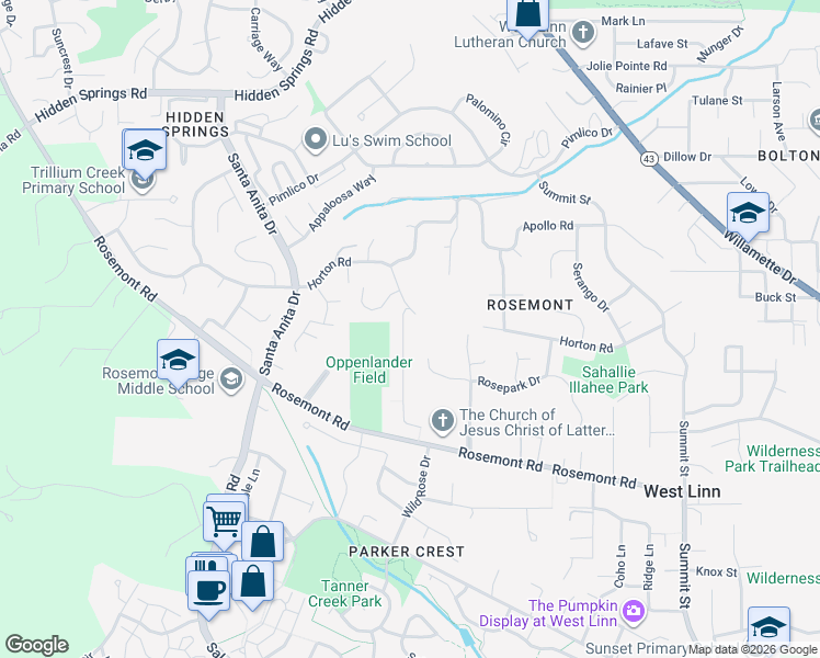 map of restaurants, bars, coffee shops, grocery stores, and more near 21335 Miles Drive in West Linn
