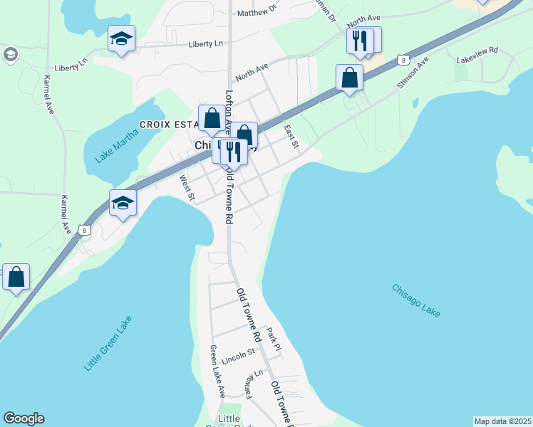 map of restaurants, bars, coffee shops, grocery stores, and more near 29191 Main Street in Chisago City