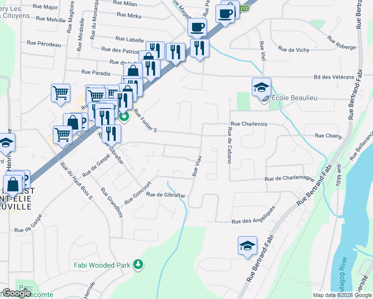 map of restaurants, bars, coffee shops, grocery stores, and more near 4724 Rue de Gaspé in Sherbrooke