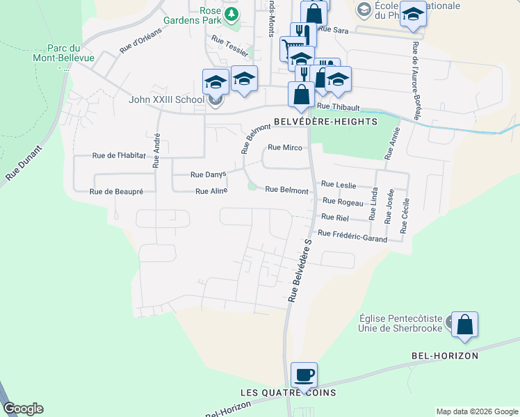map of restaurants, bars, coffee shops, grocery stores, and more near 2086 Rue de la Golconda in Sherbrooke