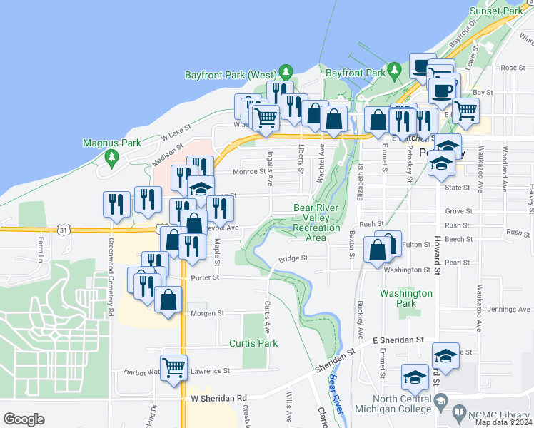 map of restaurants, bars, coffee shops, grocery stores, and more near 620 Ingalls Avenue in Petoskey