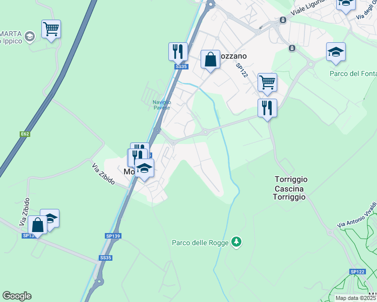 map of restaurants, bars, coffee shops, grocery stores, and more near 121 Via della Cooperazione in Rozzano