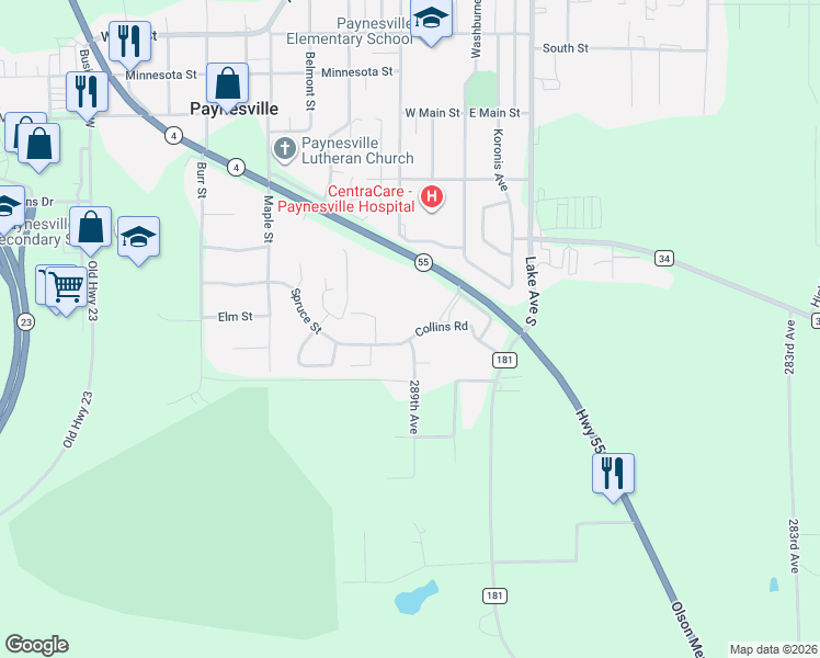 map of restaurants, bars, coffee shops, grocery stores, and more near 240 Spruce Street in Paynesville