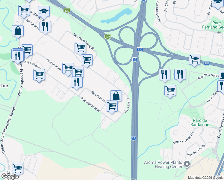 map of restaurants, bars, coffee shops, grocery stores, and more near 305 Avenue Liberté in Candiac