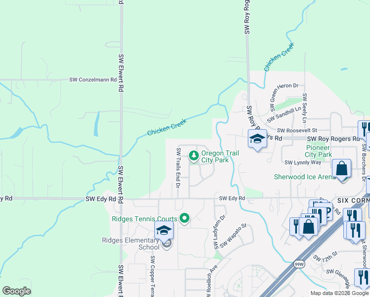 map of restaurants, bars, coffee shops, grocery stores, and more near 20558 Southwest Trails End Drive in Sherwood