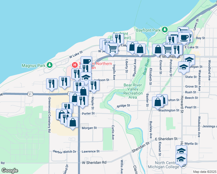 map of restaurants, bars, coffee shops, grocery stores, and more near 620 Ingalls Avenue in Petoskey