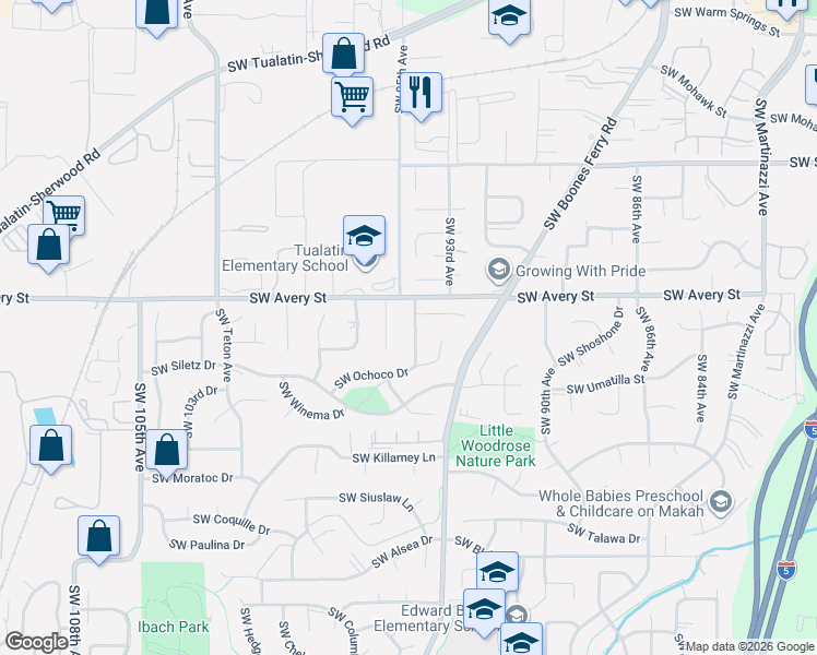 map of restaurants, bars, coffee shops, grocery stores, and more near 20609 Southwest 94th Avenue in Tualatin