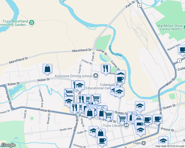 map of restaurants, bars, coffee shops, grocery stores, and more near 41 Park Street in Truro