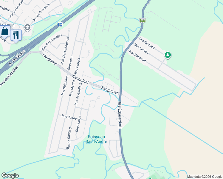 map of restaurants, bars, coffee shops, grocery stores, and more near 66 Sanguinet in Saint-Philippe