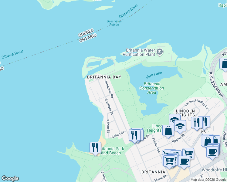 map of restaurants, bars, coffee shops, grocery stores, and more near 105 Britannia Road in Ottawa