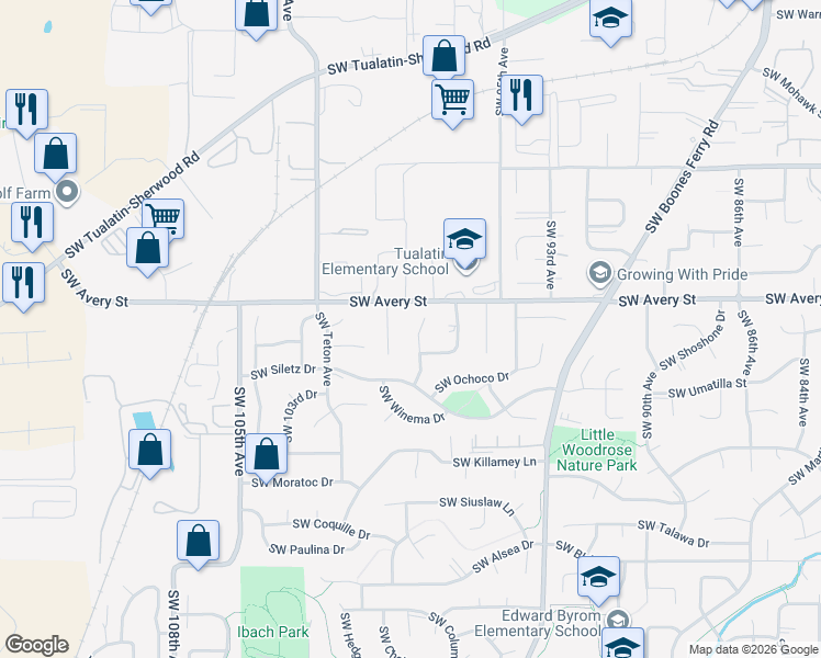map of restaurants, bars, coffee shops, grocery stores, and more near 20705 Southwest 98th Court in Tualatin