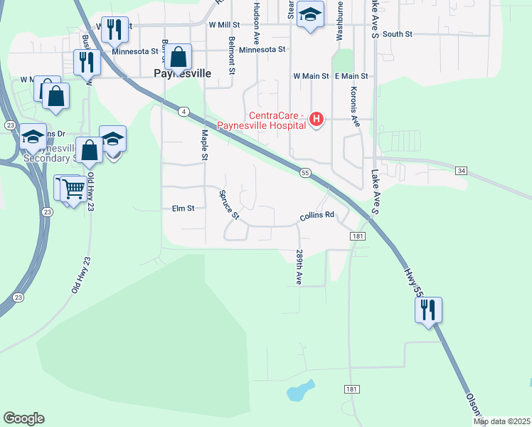 map of restaurants, bars, coffee shops, grocery stores, and more near 322 Spruce Street in Paynesville