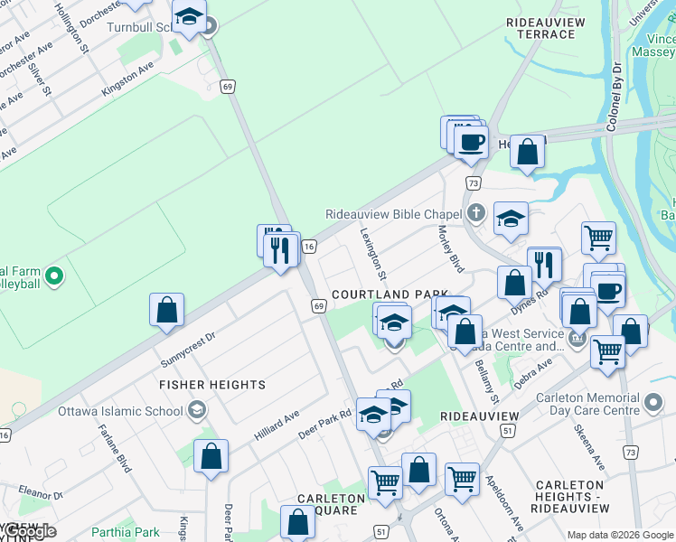 map of restaurants, bars, coffee shops, grocery stores, and more near 507 Courtland Place in Ottawa