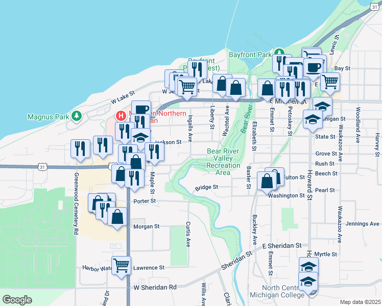 map of restaurants, bars, coffee shops, grocery stores, and more near 621 Ingalls Avenue in Petoskey