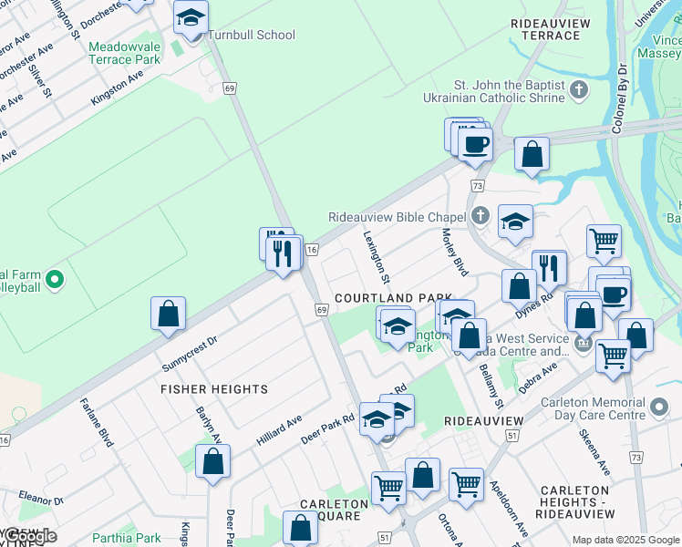 map of restaurants, bars, coffee shops, grocery stores, and more near 507 Courtland Place in Ottawa