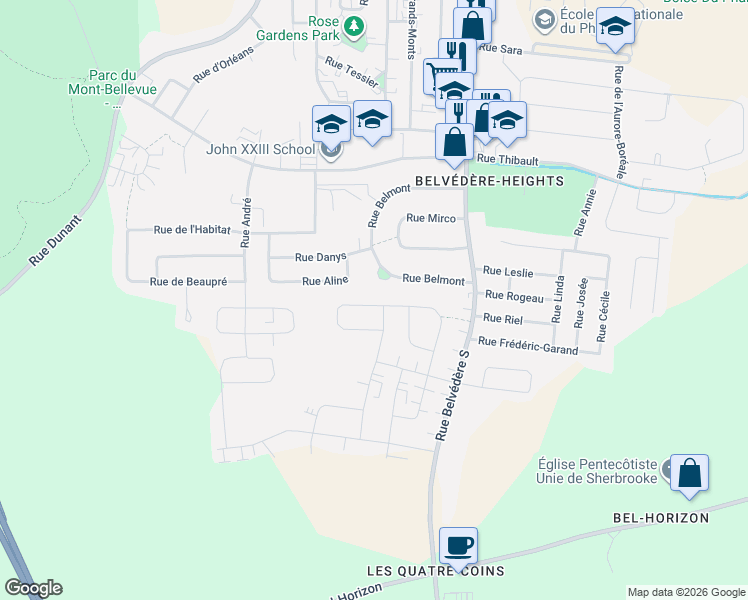map of restaurants, bars, coffee shops, grocery stores, and more near 2052 Rue de la Golconda in Sherbrooke