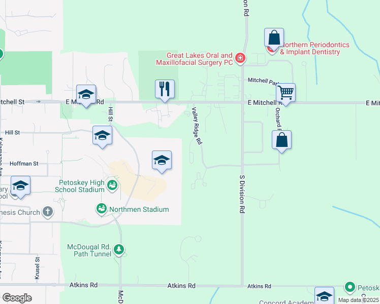 map of restaurants, bars, coffee shops, grocery stores, and more near 438 Valley Crest Drive in Petoskey