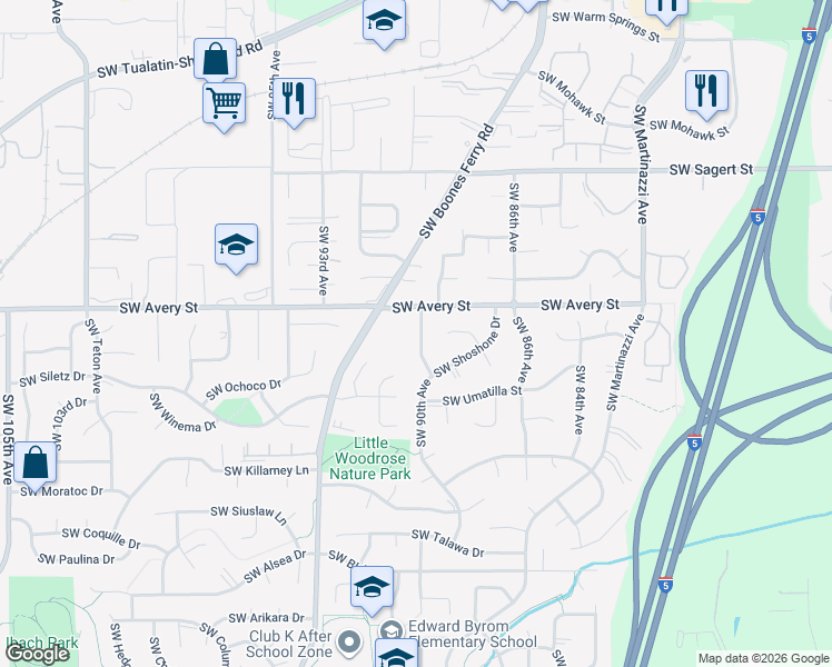 map of restaurants, bars, coffee shops, grocery stores, and more near 20605 Southwest 90th Avenue in Tualatin