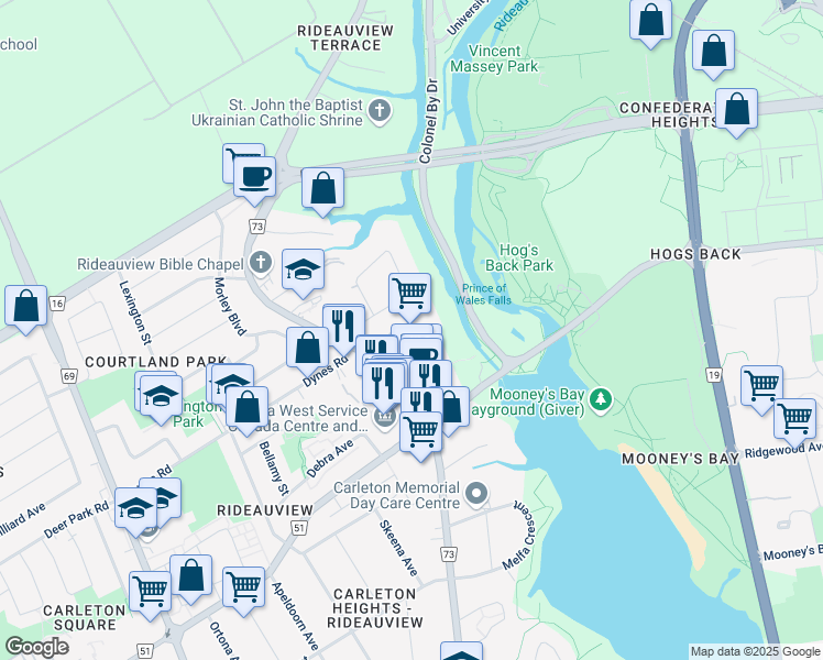 map of restaurants, bars, coffee shops, grocery stores, and more near 1375 Prince of Wales Drive in Ottawa