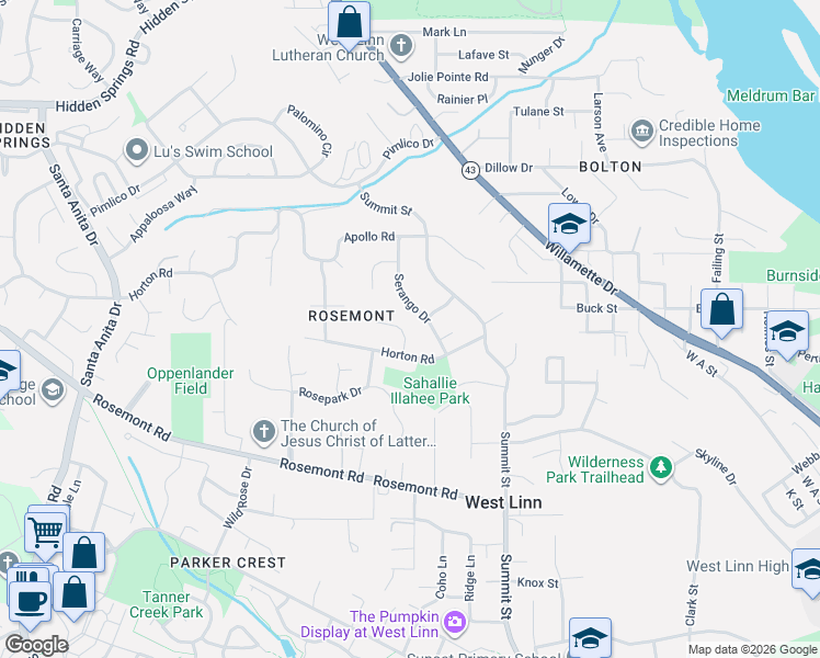 map of restaurants, bars, coffee shops, grocery stores, and more near 21390 Horton Court in West Linn