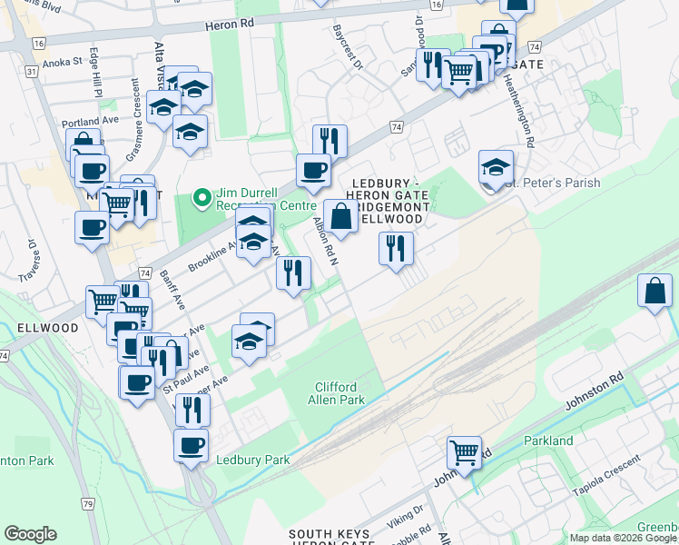 map of restaurants, bars, coffee shops, grocery stores, and more near 2995 Albion Road North in Ottawa