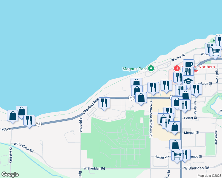 map of restaurants, bars, coffee shops, grocery stores, and more near Little Traverse Wheelway in Petoskey