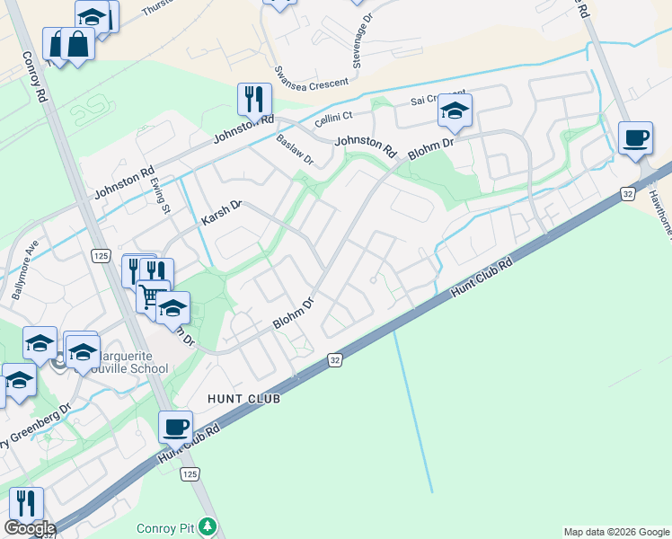 map of restaurants, bars, coffee shops, grocery stores, and more near 1552 Blohm Drive in Ottawa