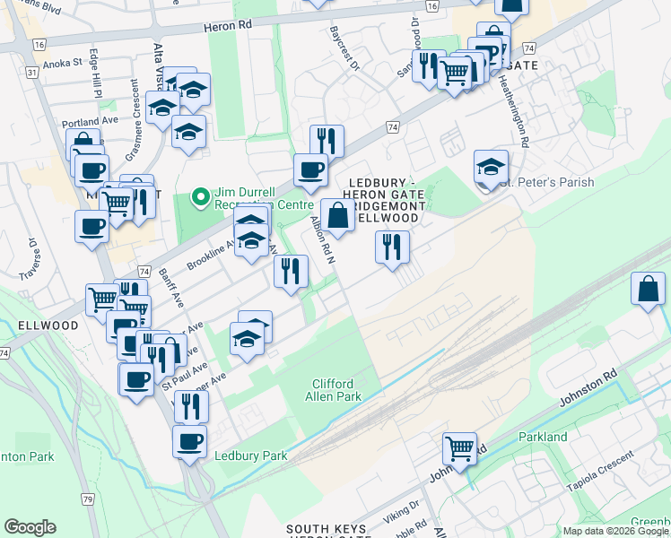 map of restaurants, bars, coffee shops, grocery stores, and more near 2995 Albion Road North in Ottawa