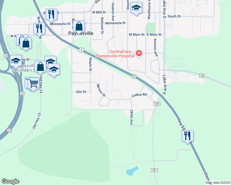 map of restaurants, bars, coffee shops, grocery stores, and more near 322 Spruce Street in Paynesville