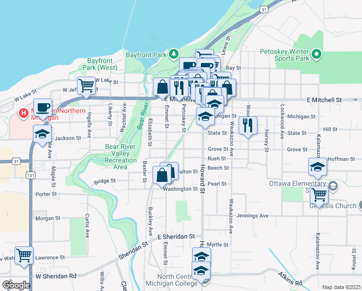 map of restaurants, bars, coffee shops, grocery stores, and more near 616 Petoskey Street in Petoskey