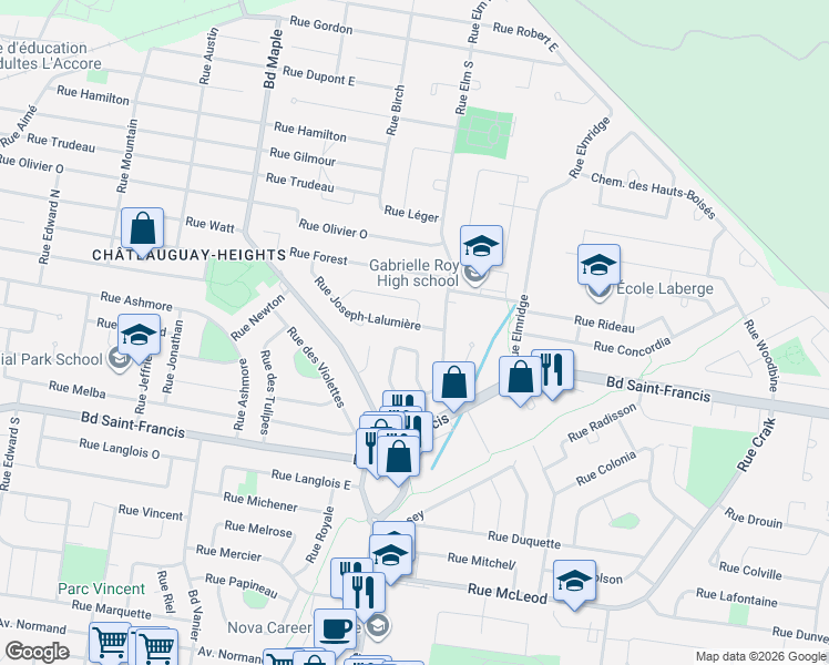 map of restaurants, bars, coffee shops, grocery stores, and more near 150 Rue Joseph Lalumière in Châteauguay