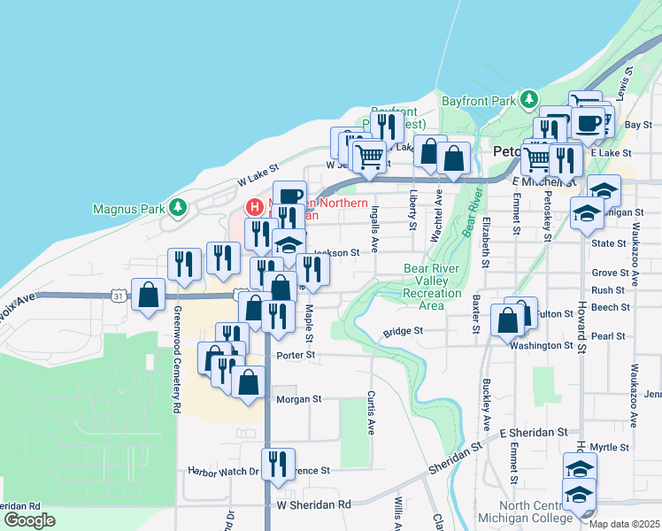 map of restaurants, bars, coffee shops, grocery stores, and more near 510 Charlevoix Ave in Petoskey