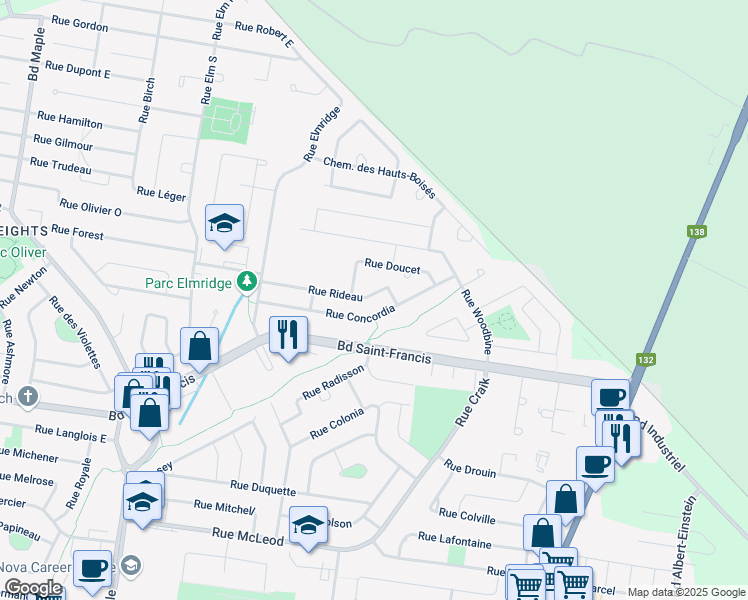 map of restaurants, bars, coffee shops, grocery stores, and more near 330 Rue Rideau in Châteauguay