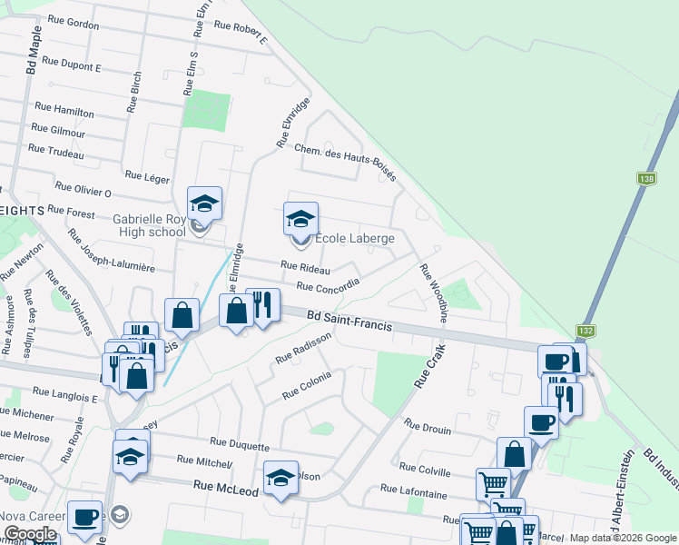 map of restaurants, bars, coffee shops, grocery stores, and more near 330 Rue Rideau in Châteauguay