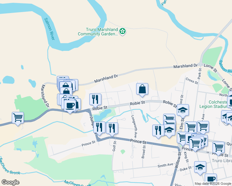 map of restaurants, bars, coffee shops, grocery stores, and more near 2 George Street in Truro