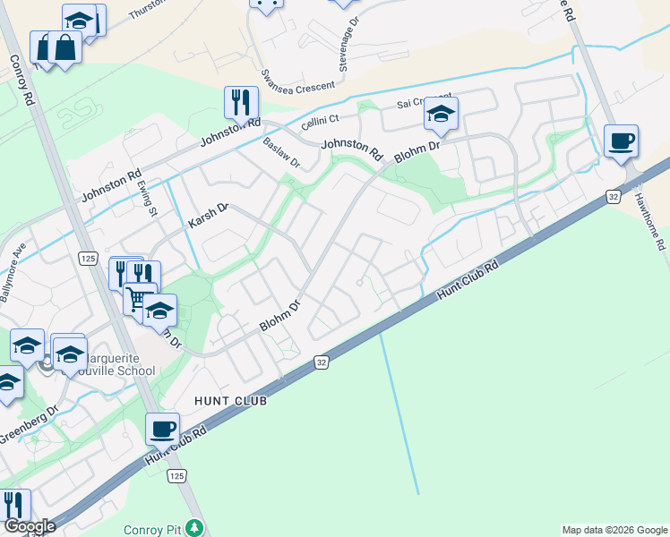 map of restaurants, bars, coffee shops, grocery stores, and more near 11 Dossetter Way in Ottawa