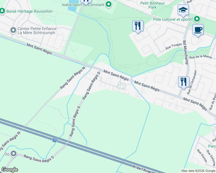 map of restaurants, bars, coffee shops, grocery stores, and more near 308 Rue Grenadier in Saint-Constant