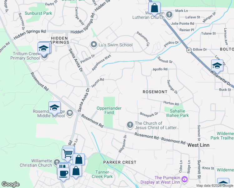 map of restaurants, bars, coffee shops, grocery stores, and more near 21305 Miles Drive in West Linn