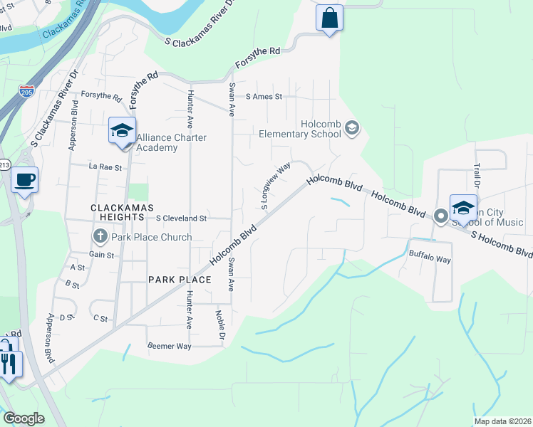 map of restaurants, bars, coffee shops, grocery stores, and more near 200 South Longview Way in Oregon City