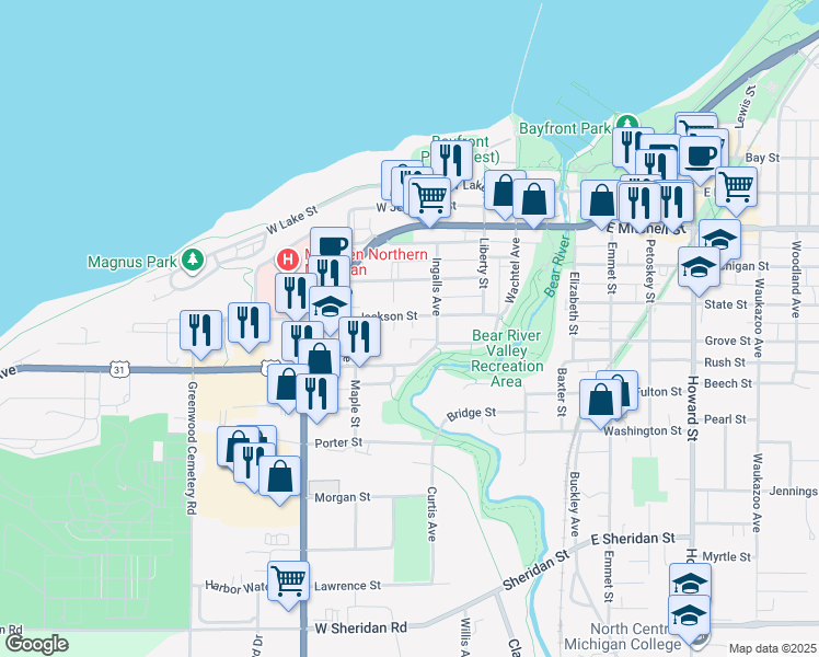 map of restaurants, bars, coffee shops, grocery stores, and more near 620 Ingalls Avenue in Petoskey